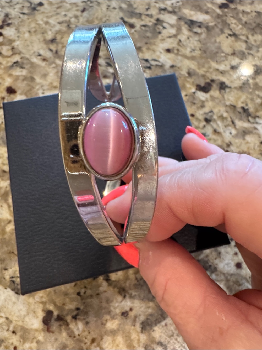 Pink Stone Silver-Tone Cuff Bracelet Adjustable One Size
